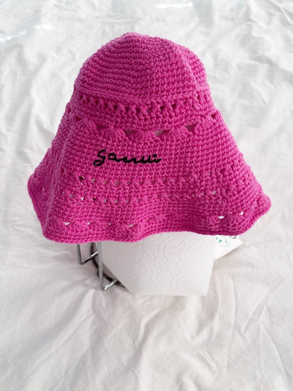 NWT GANNI Crochet Bucket Hat | Shocking Pink | Organic Cotton | M/L